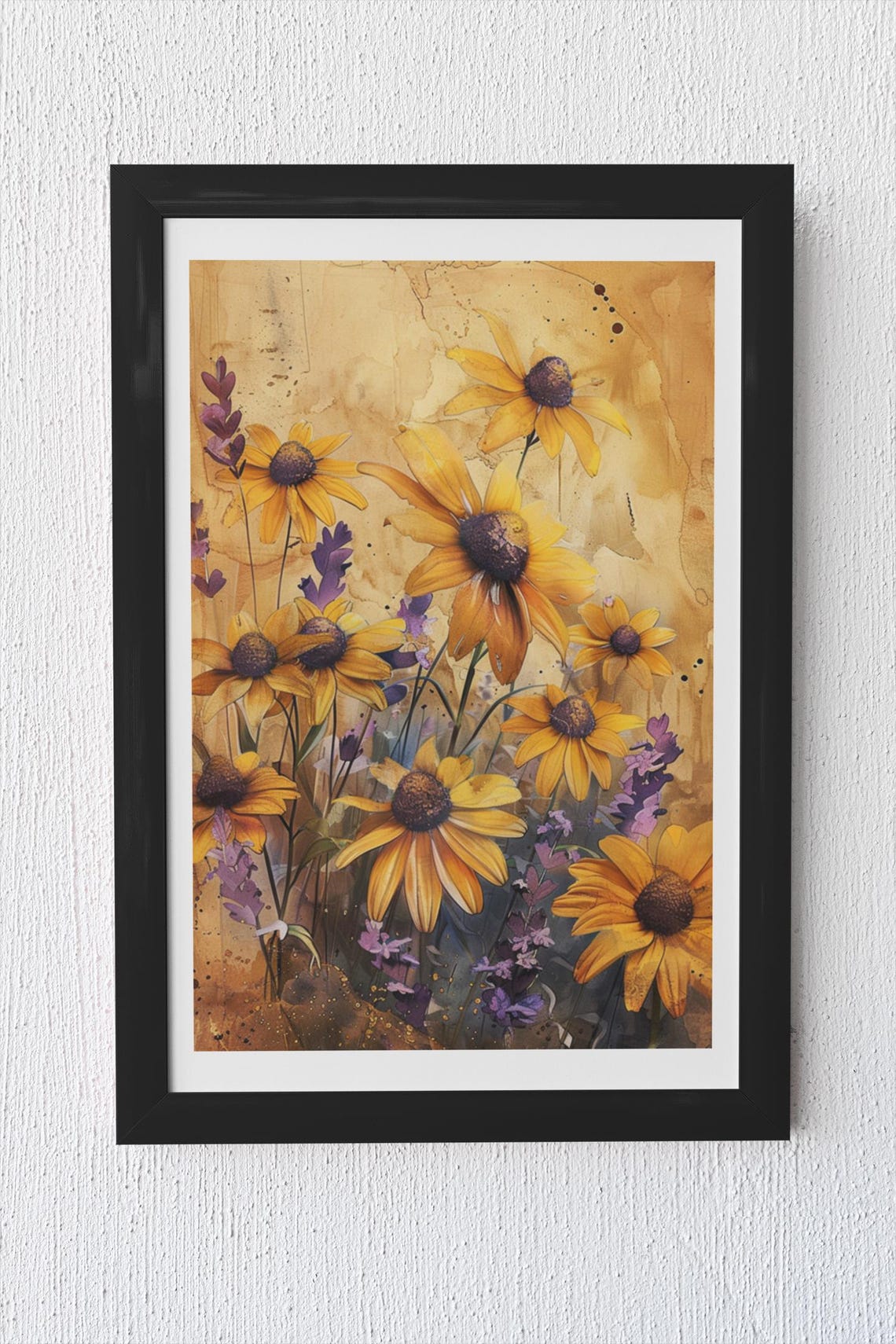Sunflower Watercolor With Purple Wildflowers Golden Floral Poster - Image 4
