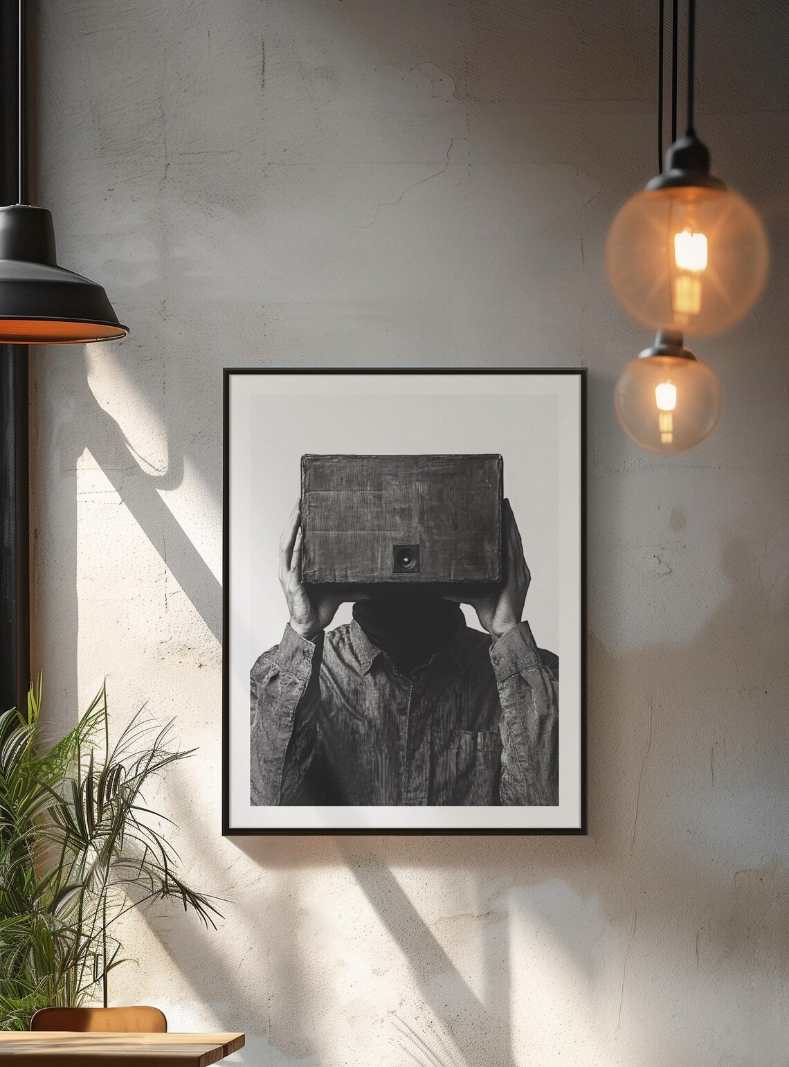 Man Holding Vintage Box Camera Over Face Surreal Photo Poster