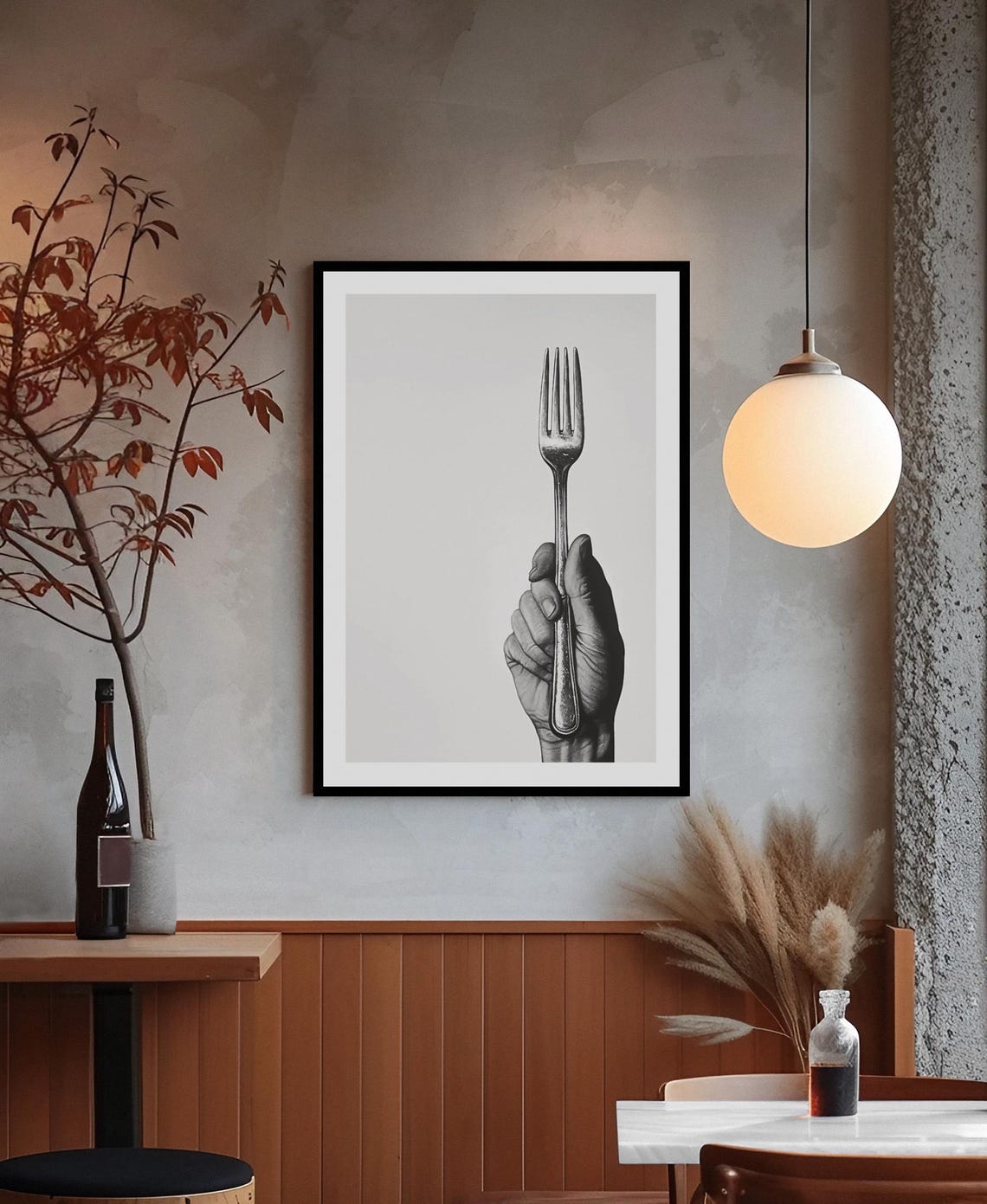 Hand Holding Vintage Fork Upright Minimalist Black White Art Poster - Image 2