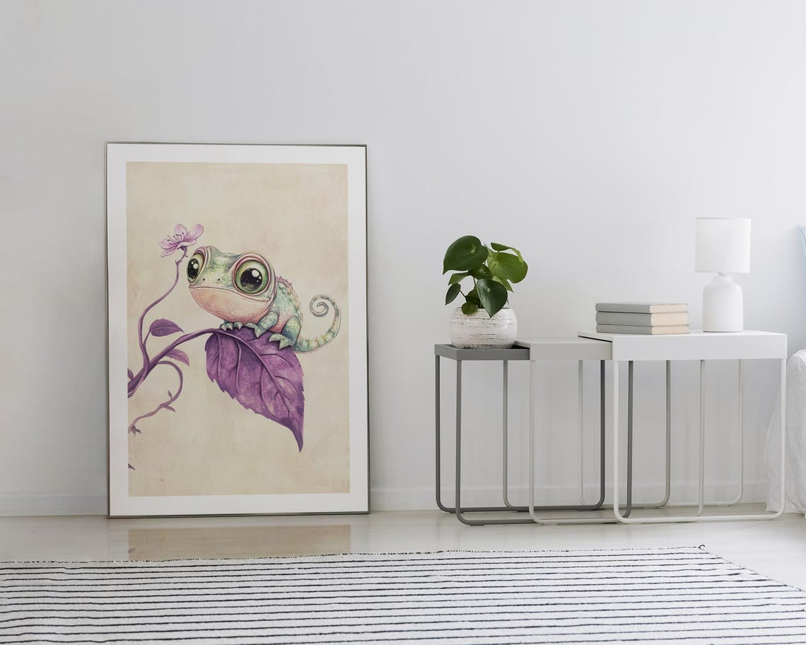 Cute Chameleon On Purple Leaf Watercolor Nursery Decor Poster