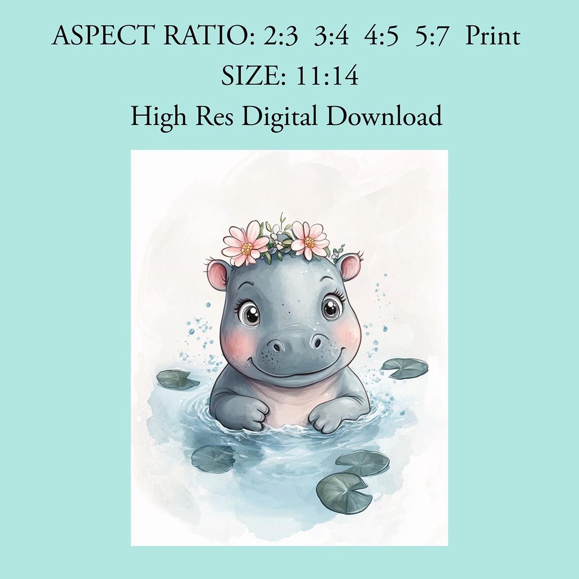 Adorable Baby Hippo Flower Crown Watercolor Nursery Art Poster - Image 4