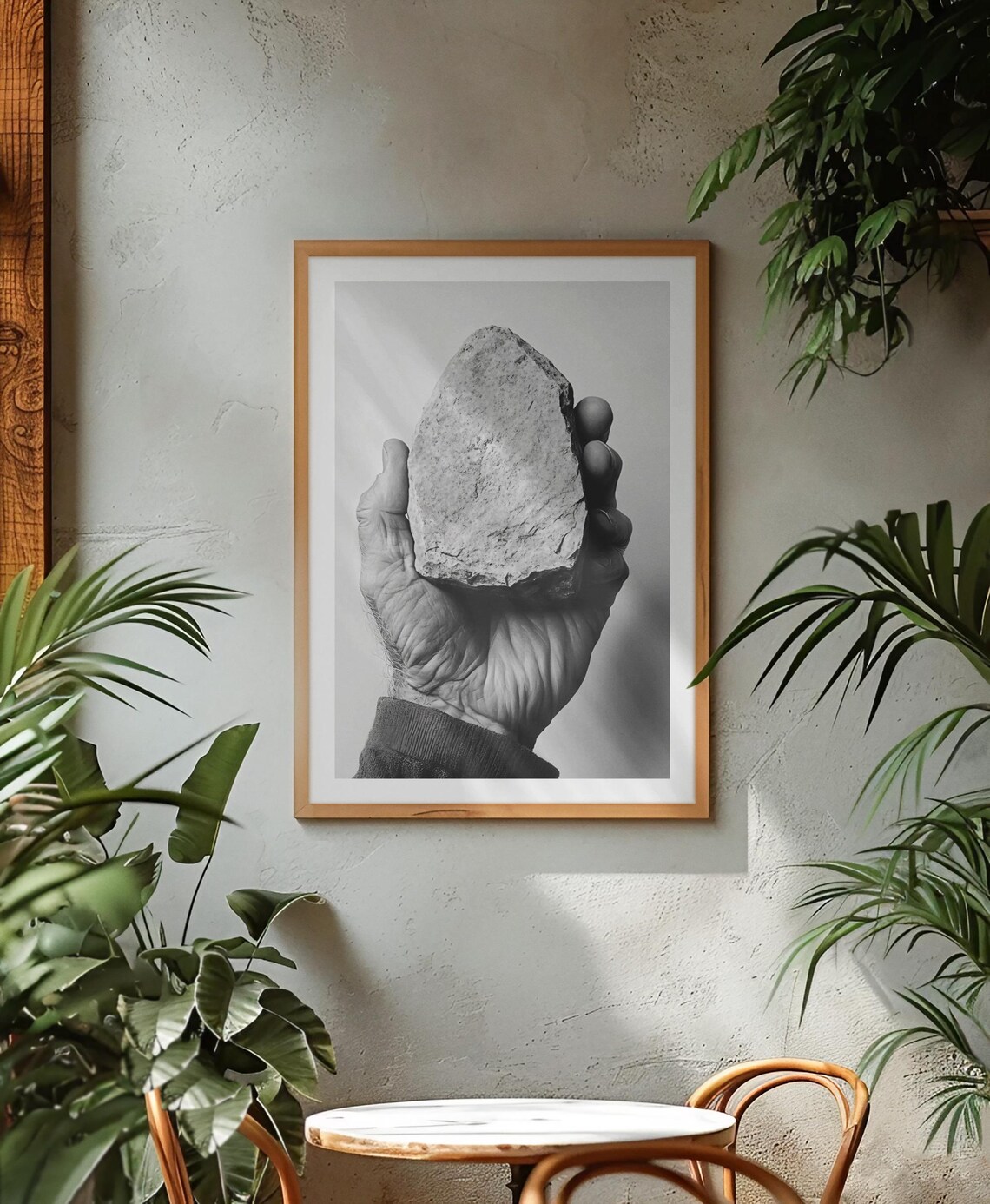 Minimalist Black And White Hand Holding Stone Photo Art Poster