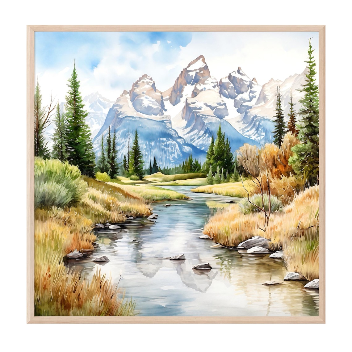 Grand Teton Watercolor Mountain River Pines Autumn Meadow Art Poster