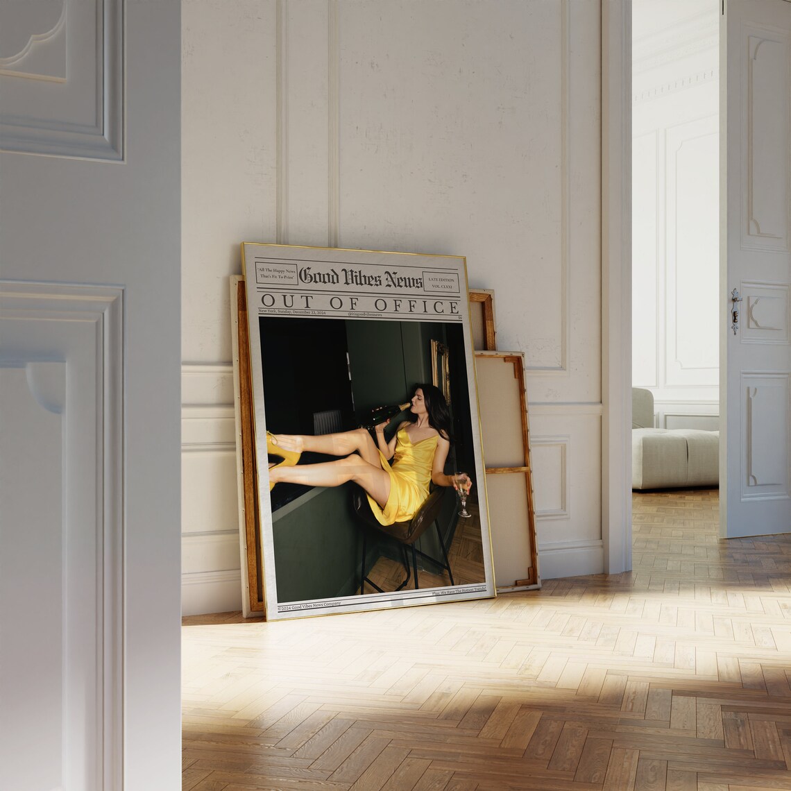 Out Of Office Champagne Girl Yellow Dress Newspaper Party Poster - Image 2
