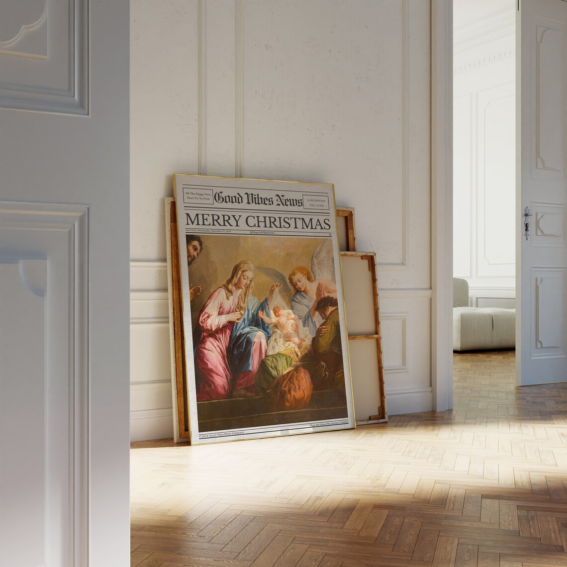 Merry Christmas Newspaper Poster Classic Nativity Painting Religious Art - Image 2