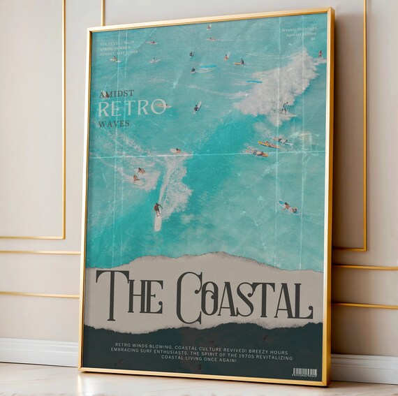The Coastal Amidst Retro Waves Aerial Surfers Turquoise Ocean Drone View Poster