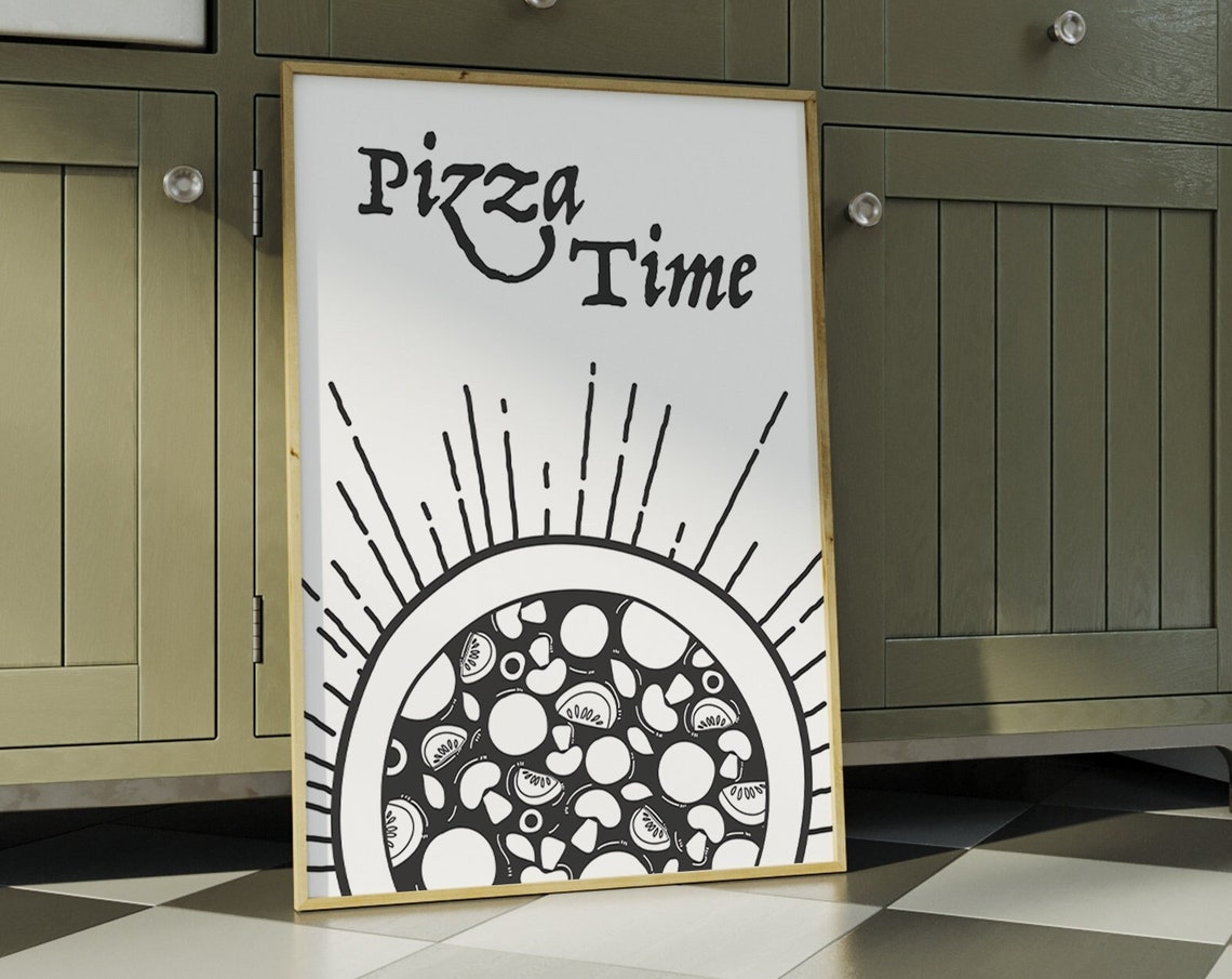 Pizza Time Retro Kitchen Funny Pizza Slice Line Art Wall Poster