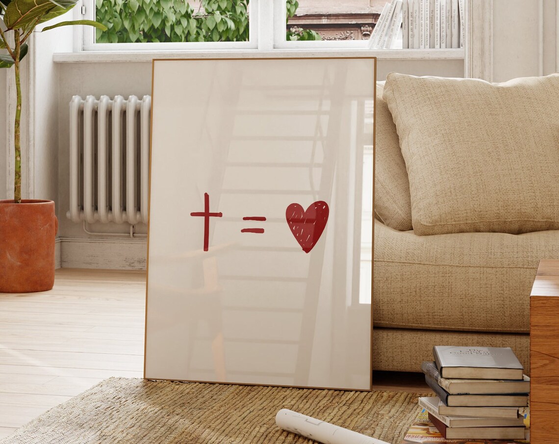Cross Equals Red Heart Simple Minimalist Faith Room Wall Poster