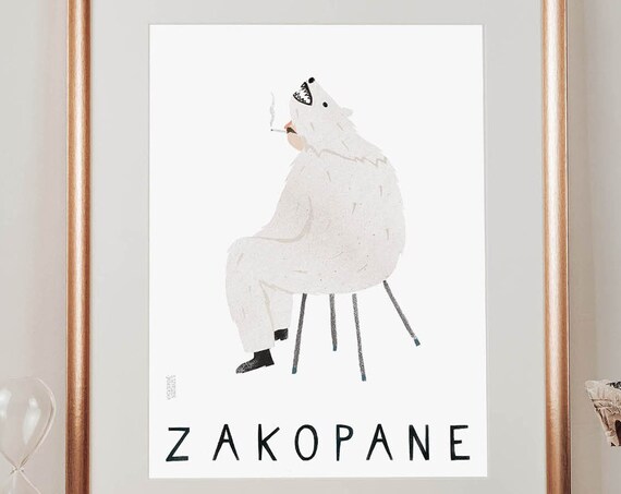 Zakopane Smoking Polar Bear Funny Folk Illustration Art Poster
