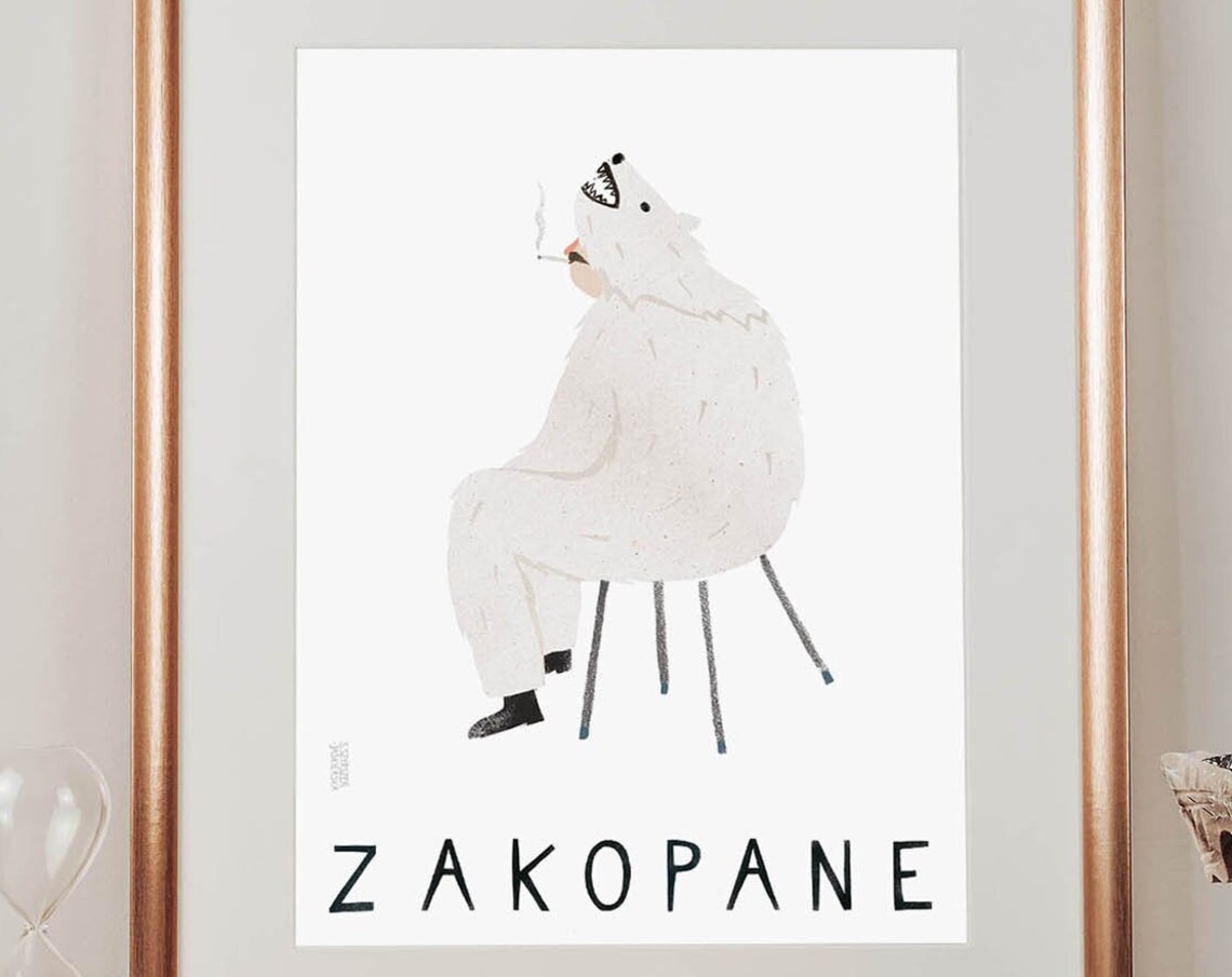 Zakopane Smoking Polar Bear Funny Folk Illustration Art Poster