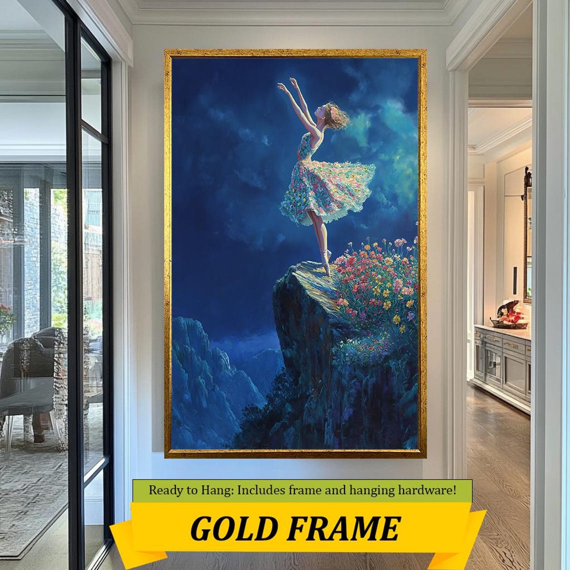 Ballerina Dancing Moonlit Cliff Floral Dress Dreamy Night Art Poster - Image 5