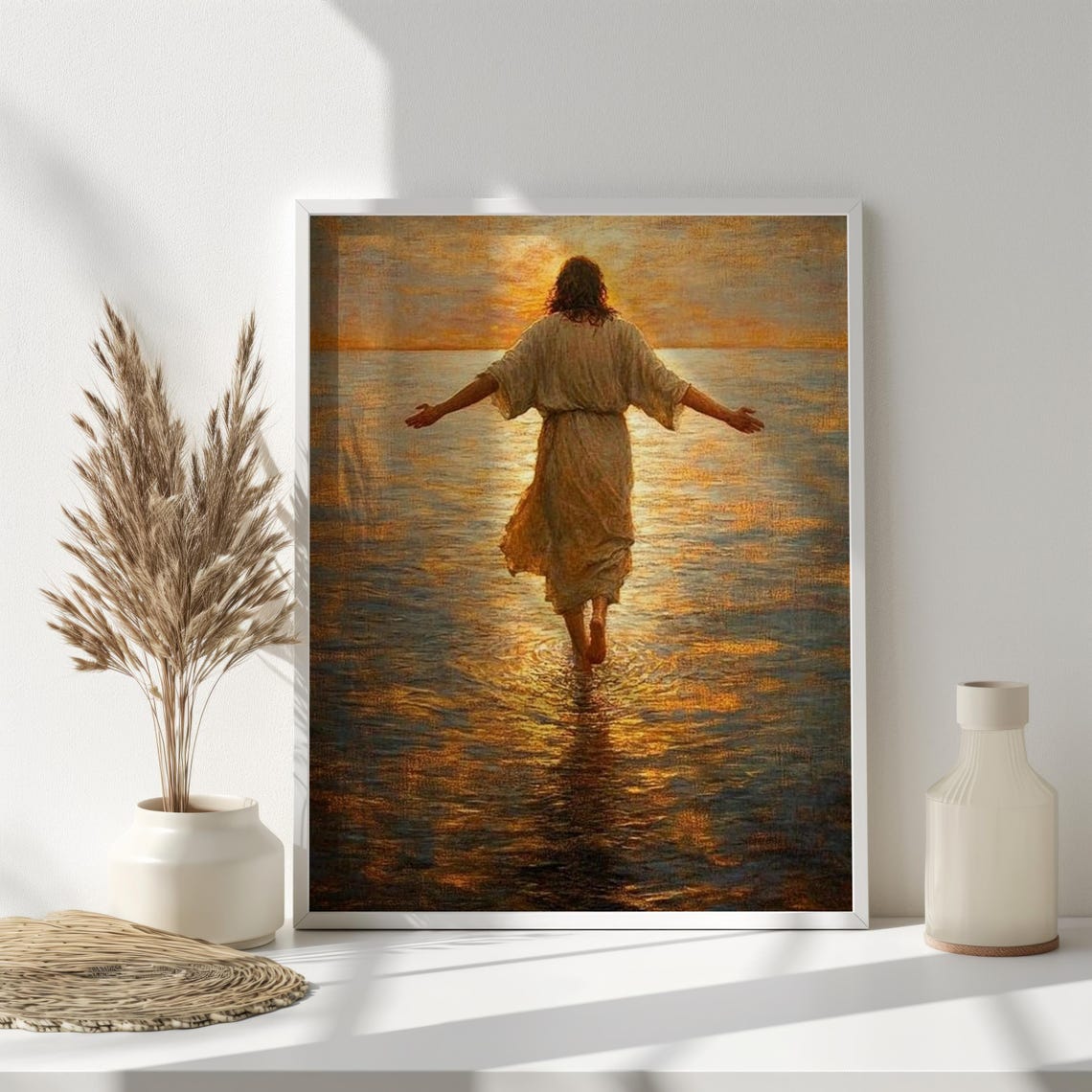 Jesus Walking On Water Golden Sunset Arms Open Wide Faith Poster - Image 5