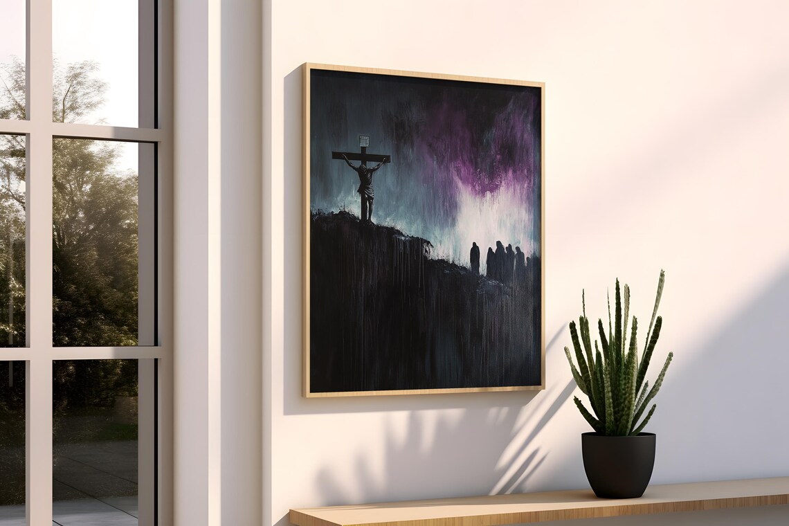 Crucifixion Cross Silhouette On Cliff Purple Stormy Sky Art Poster - Image 2