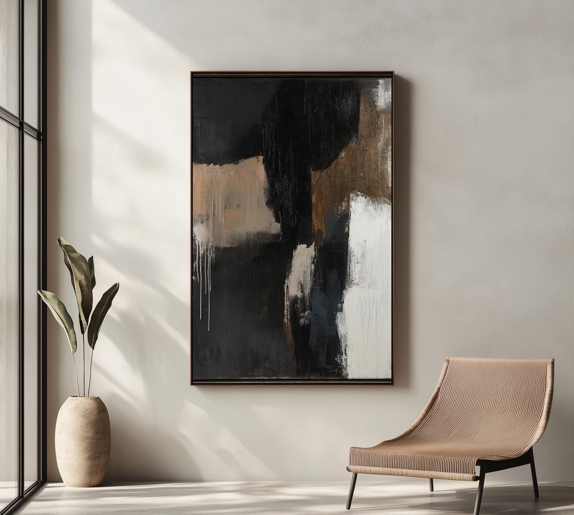 Minimalist Black Beige White Textured Abstract Modern Art Wall Poster