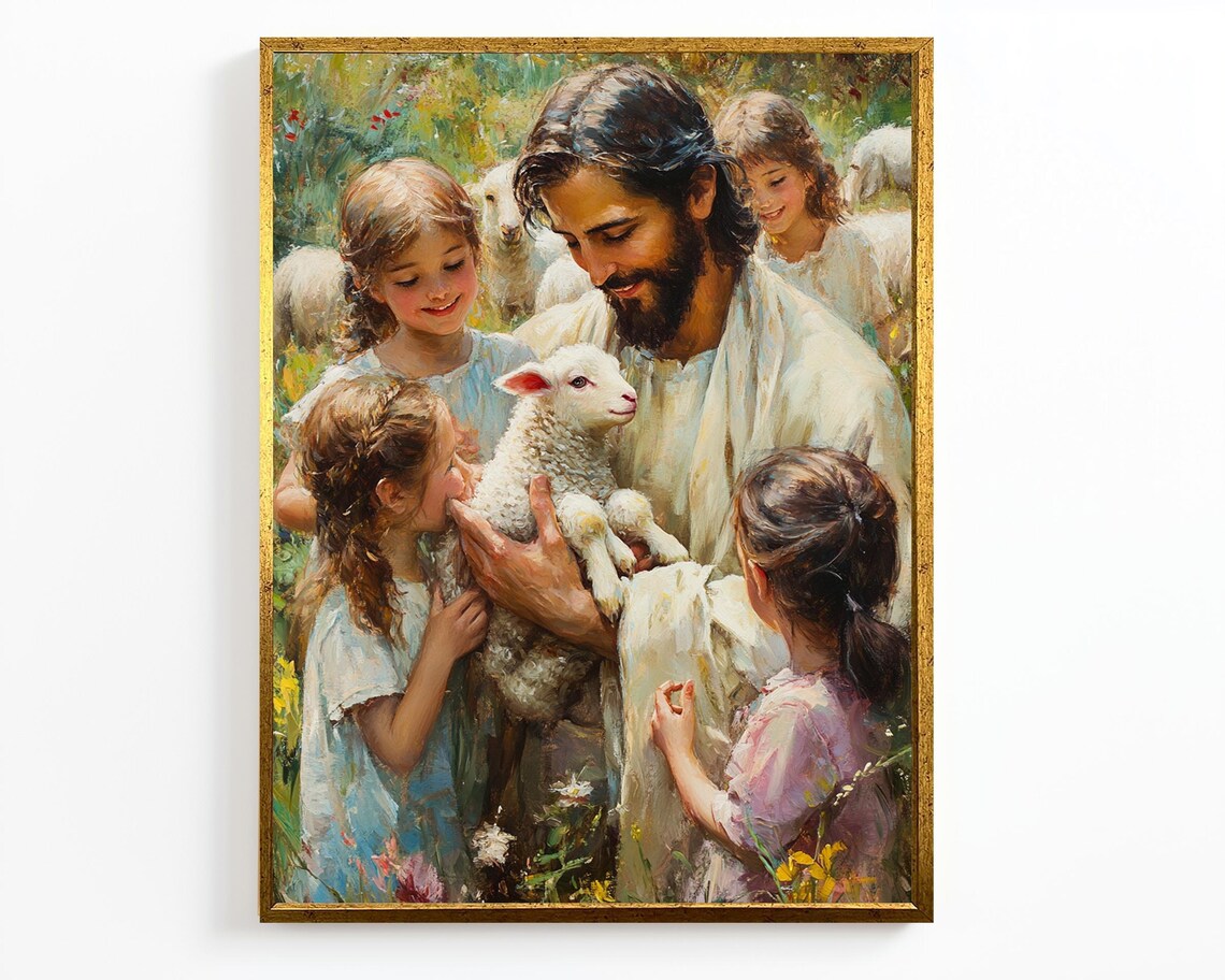 Jesus Holding Lamb Surrounded By Children Pastoral Christian Wall Art - Image 4