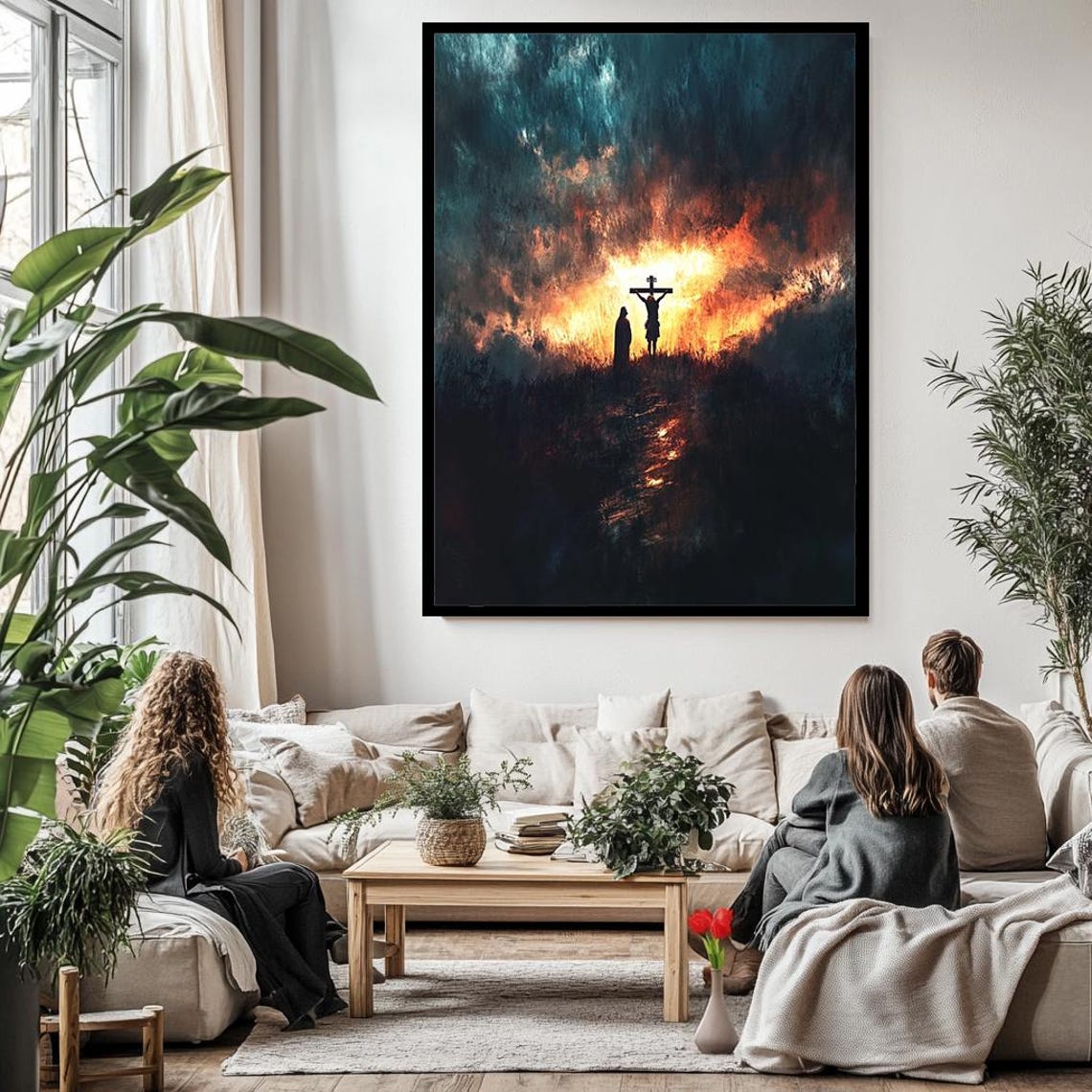 Crucifixion Cross Silhouette Fiery Orange Storm Clouds Night Poster - Image 3