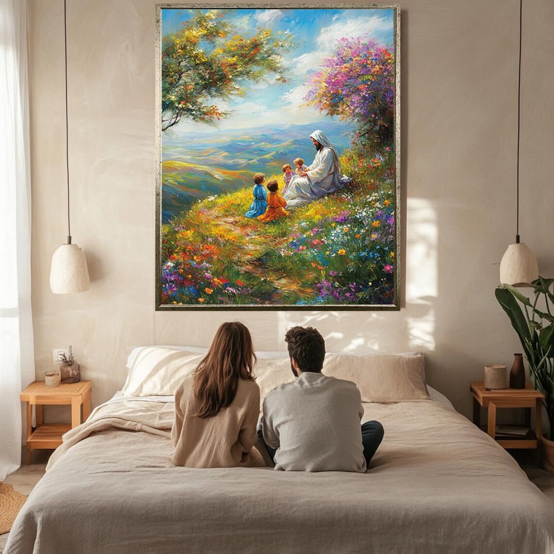 Jesus With Children On Flower Covered Hillside Valley Vista Art Print - Image 2