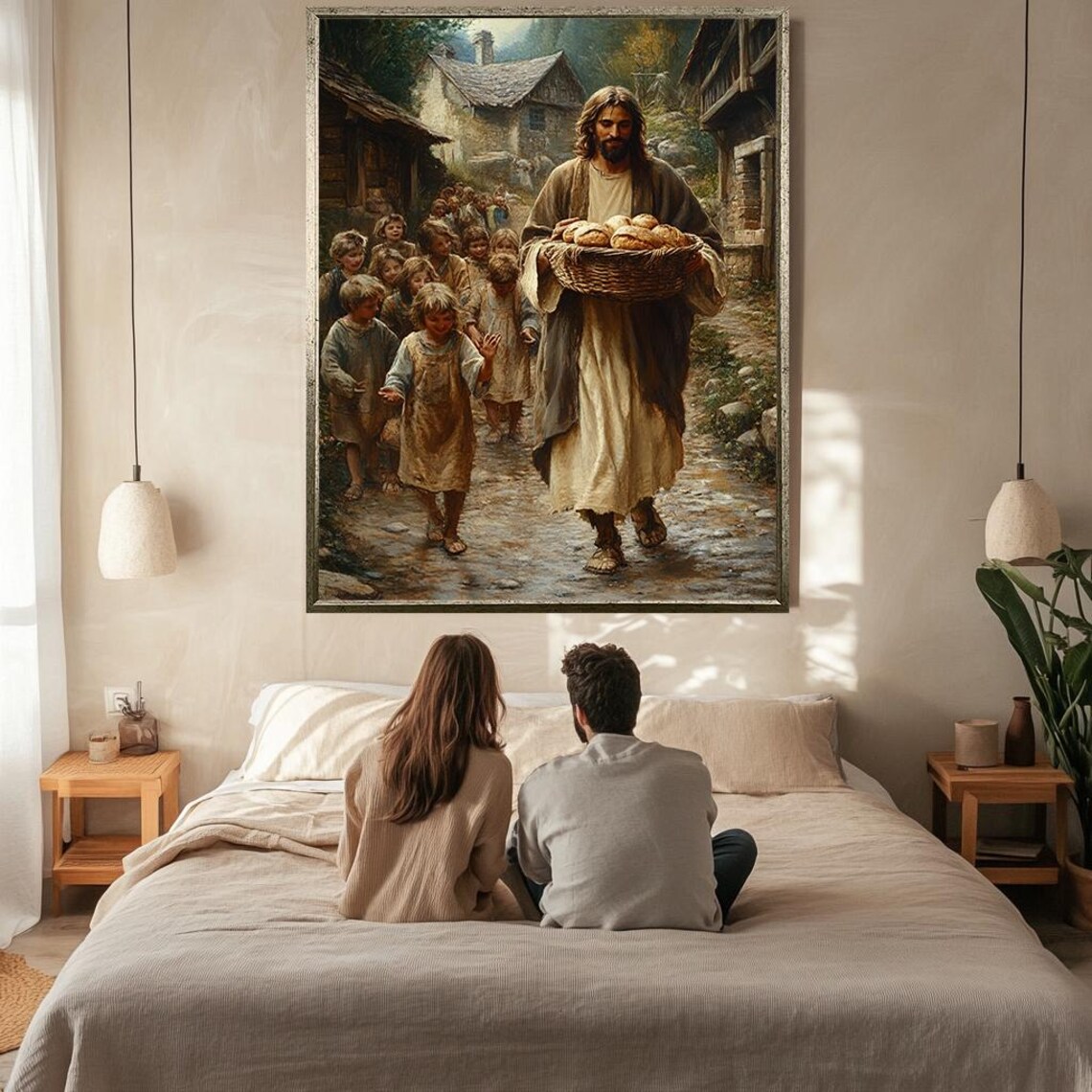 Jesus Carrying Bread Basket Walking With Children Village Scene Poster - Image 2