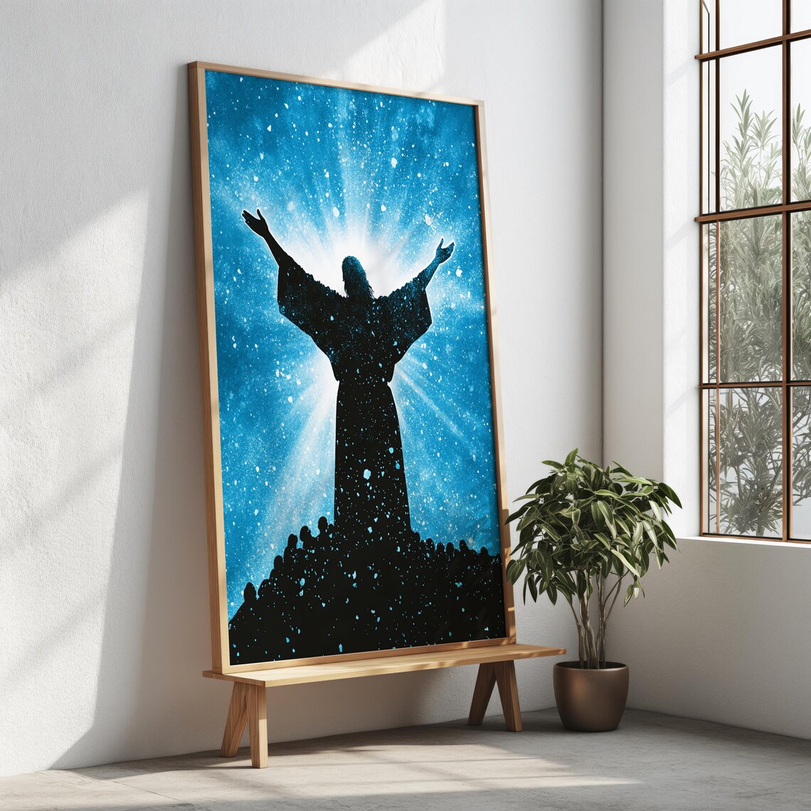 Jesus Christ Silhouette Starry Blue Sky Open Arms Faith Art Wall Poster - Image 2