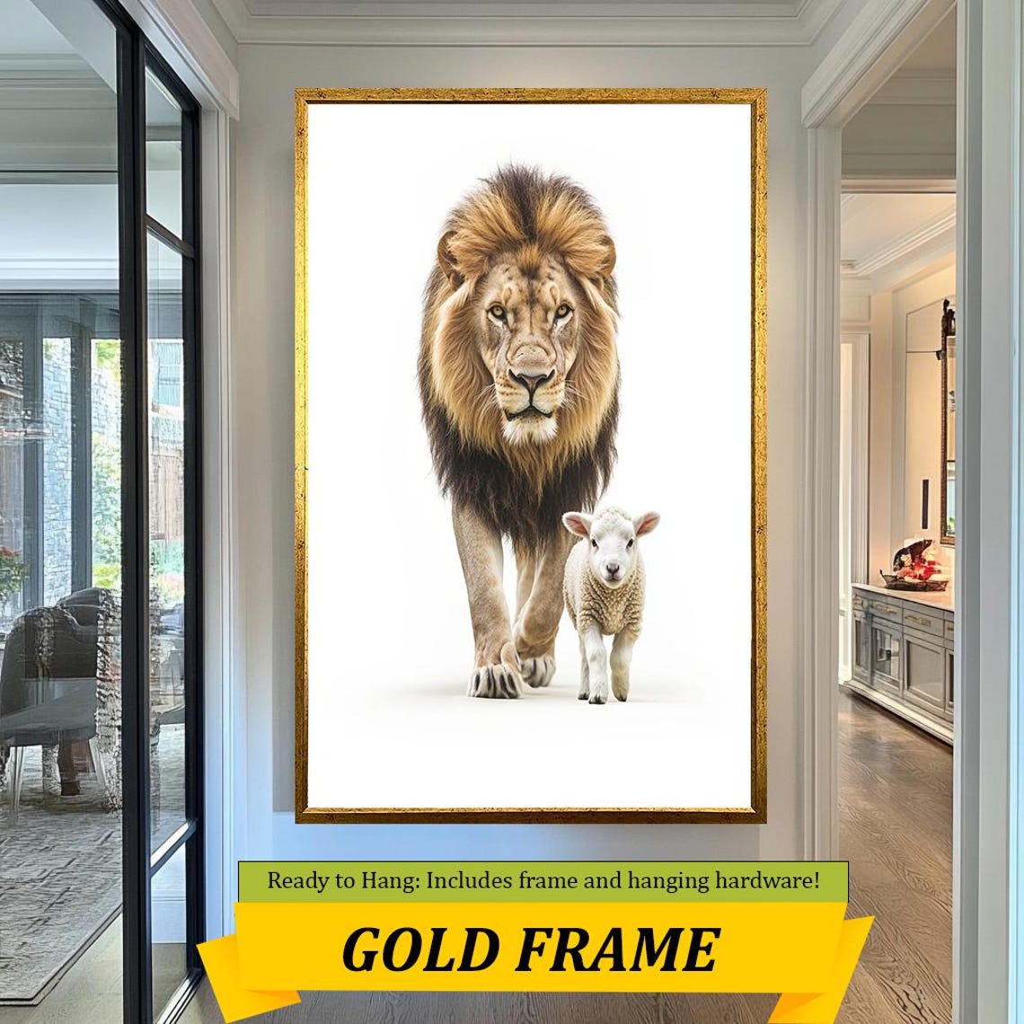 Lion And Lamb Walking Together Minimalist White Background Faith Print - Image 5