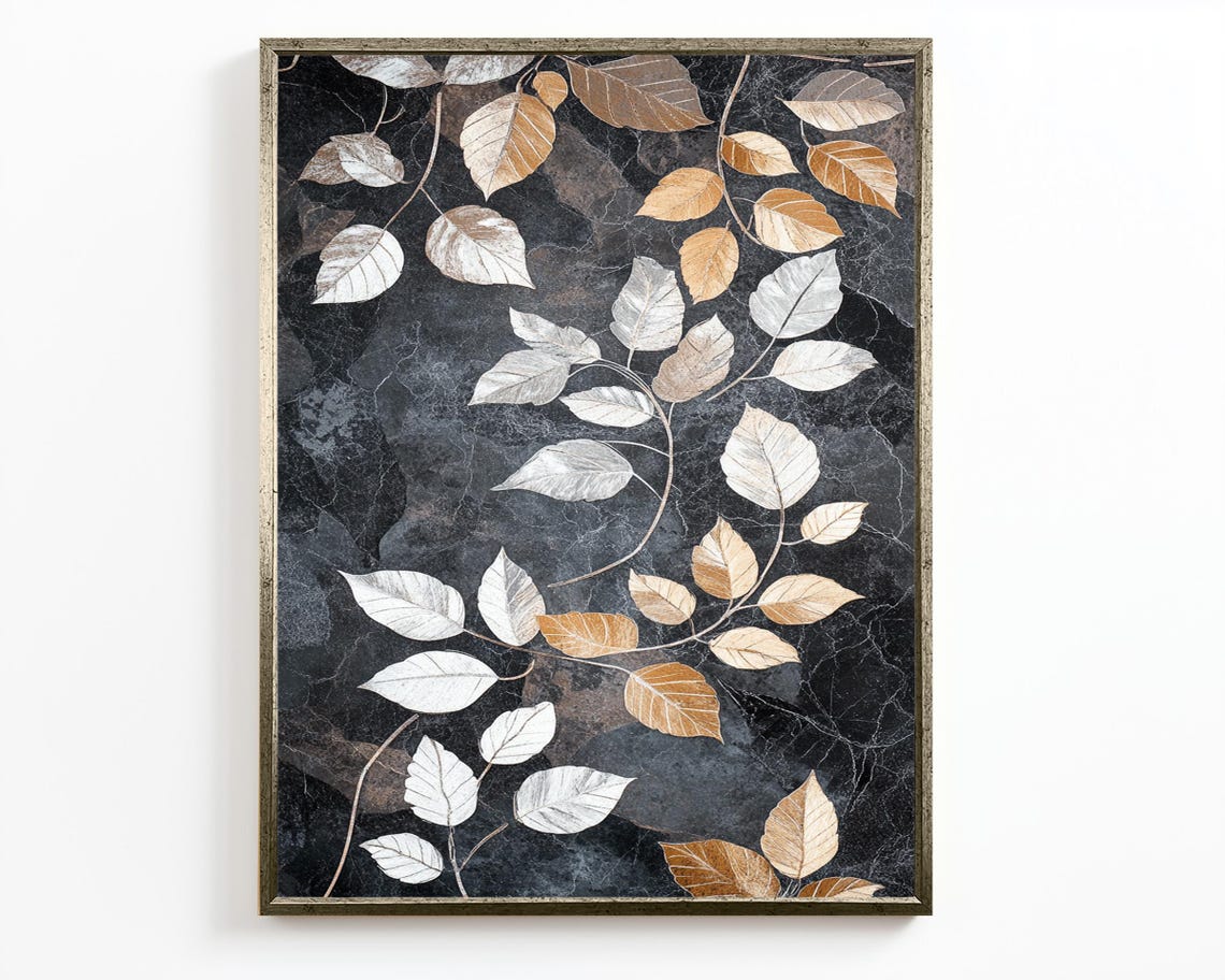 Gold And Silver Leaves Black Marble Botanical Modern Luxury Wall Art - Image 4