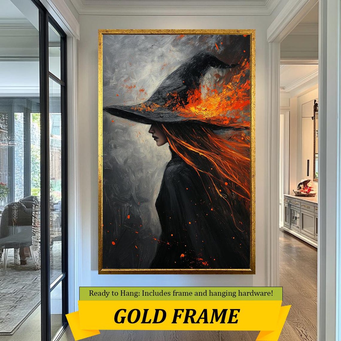 Mystical Witch Black Hat Fiery Flames Halloween Wall Art Poster - Image 5