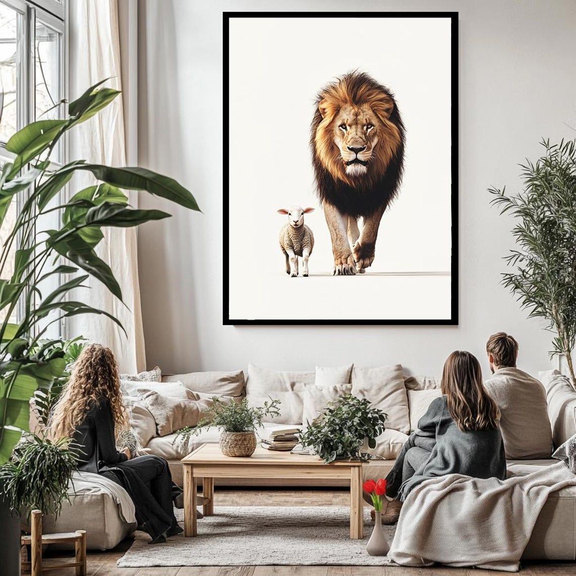 Lion And Lamb Walking Forward White Background Symbolic Peace Poster - Image 2