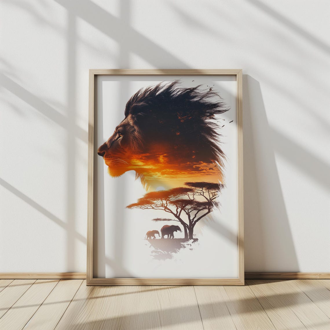 Lion Profile Double Exposure African Savanna Sunset Elephants Wall Art - Image 3