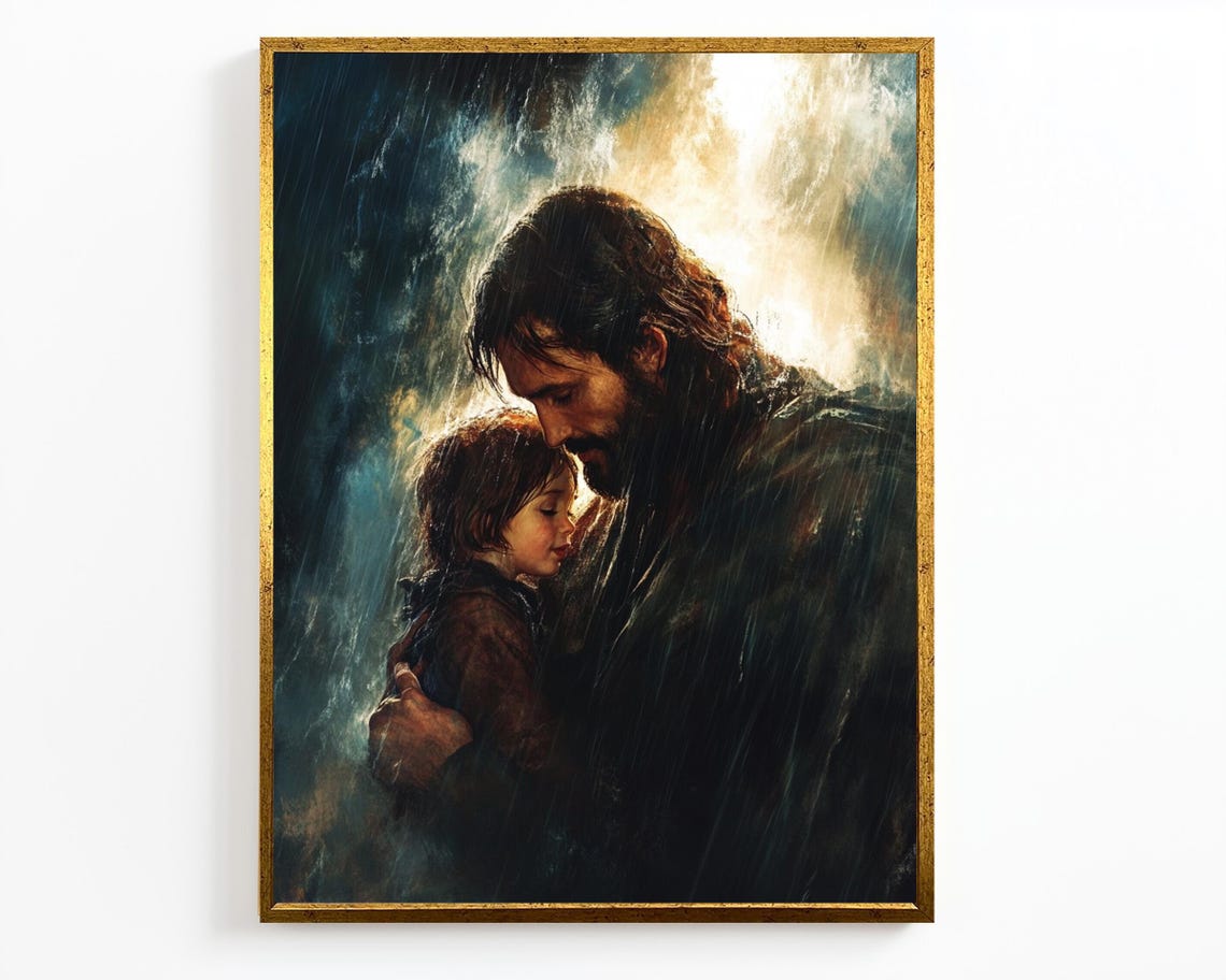 Jesus Embracing Child In Rain Divine Protection Tender Art Poster - Image 4