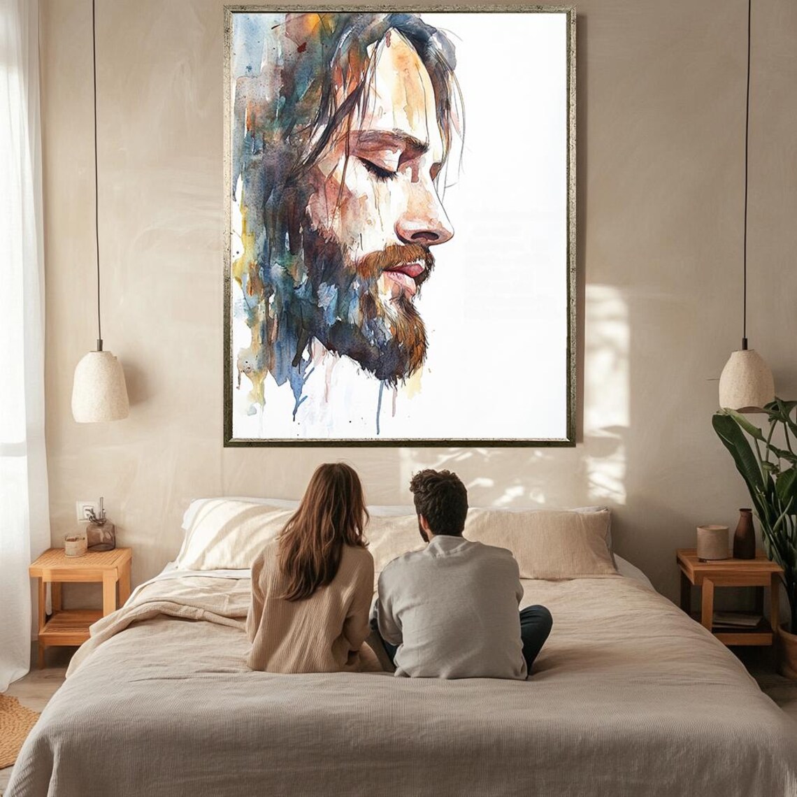 Jesus Christ Peaceful Watercolor Portrait Profile Eyes Closed Art Poster - Image 3