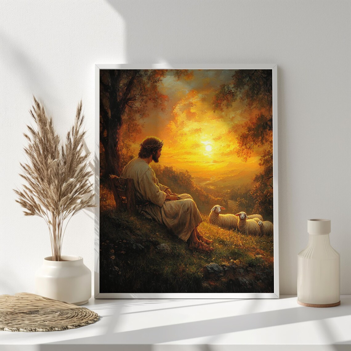 Good Shepherd Jesus Resting With Sheep Golden Sunset Meadow Wall Poster - Image 5