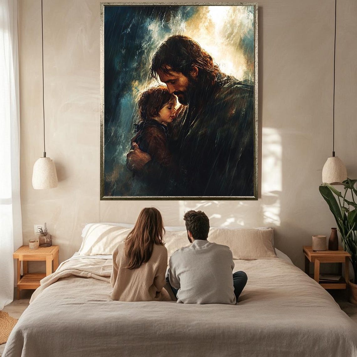 Jesus Embracing Child In Rain Divine Protection Tender Art Poster - Image 2