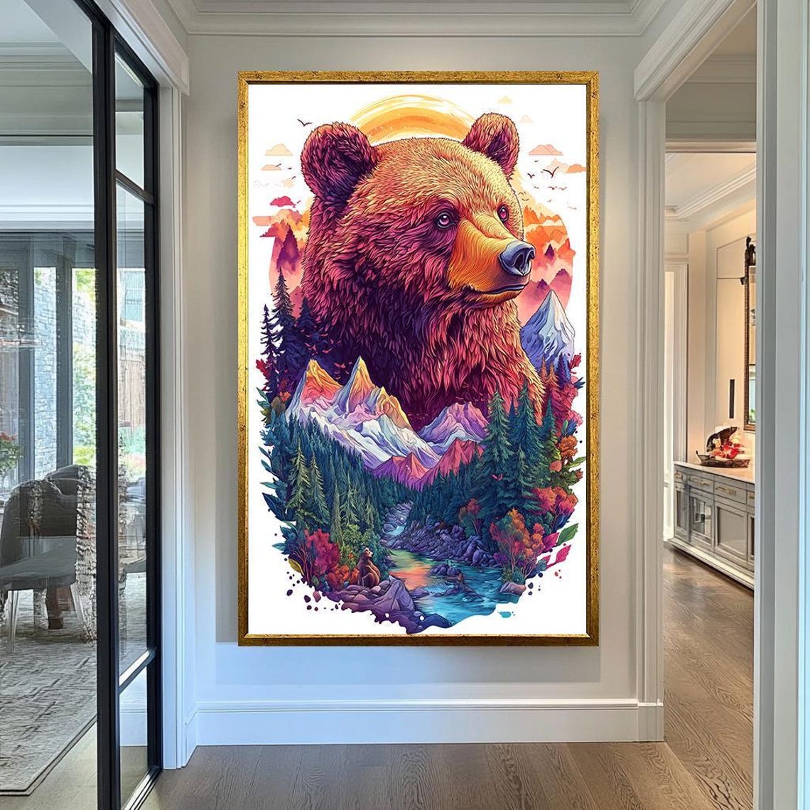 Majestic Grizzly Bear Mountain Sunset Forest Double Exposure Poster - Image 2