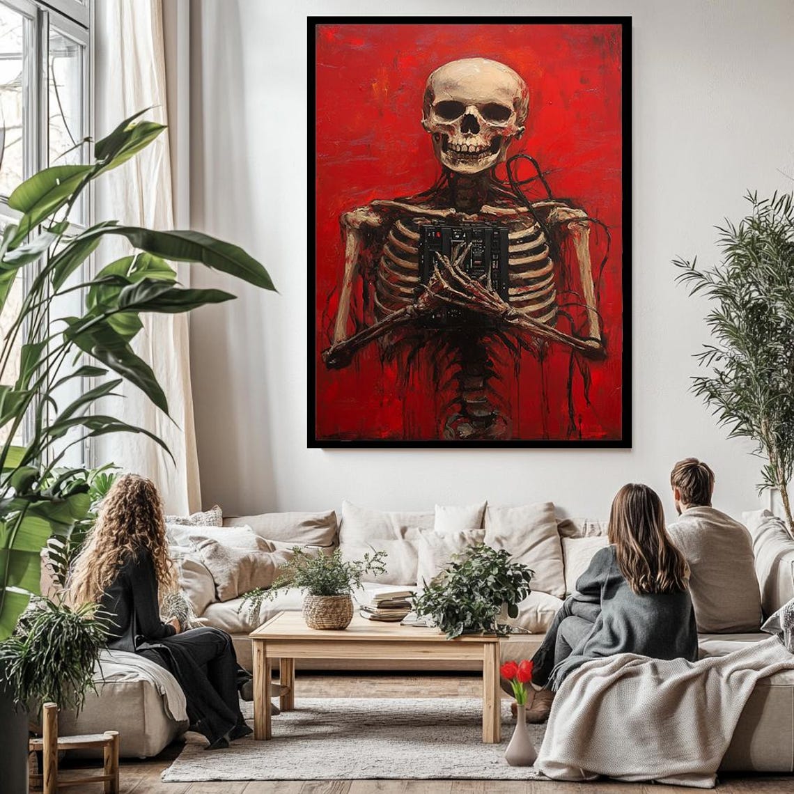 Dark Surreal Skeleton Holding Boombox Red Background Gothic Poster - Image 3