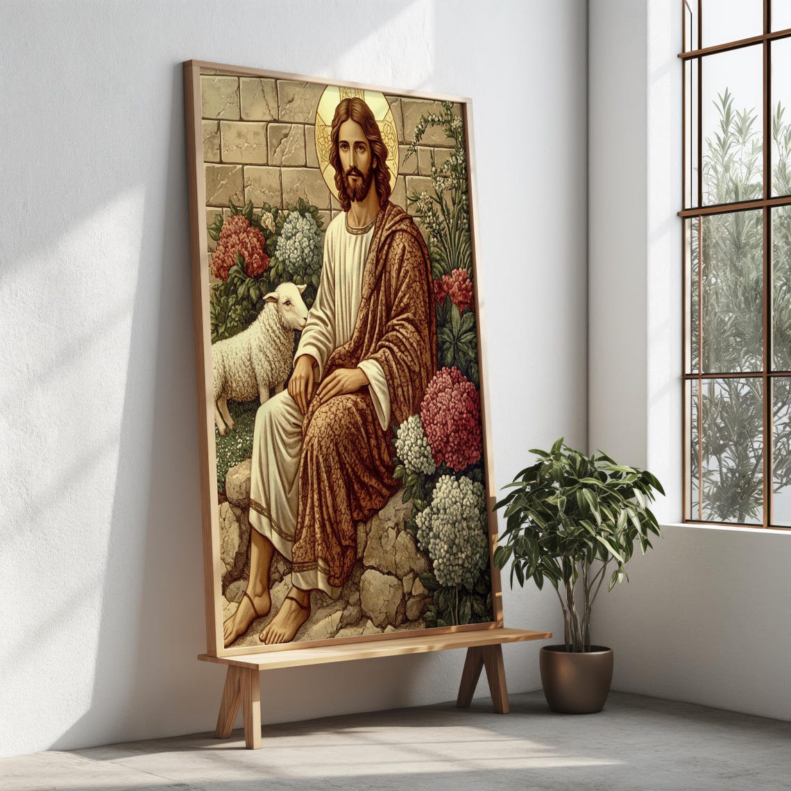 Jesus Christ Seated With Lamb Garden Stone Wall Faith Art Wall Poster - Image 4