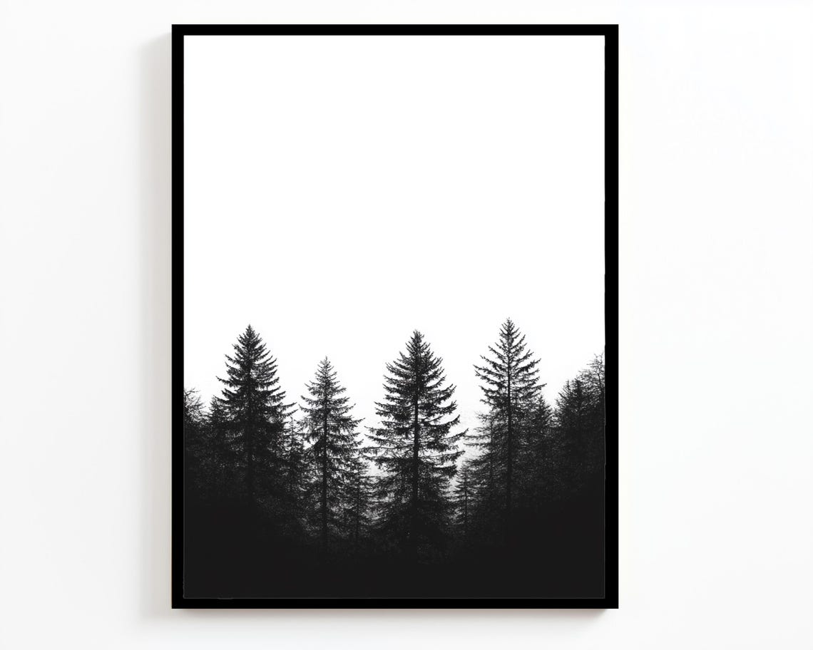 Minimalist Black Pine Forest Silhouettes White Background Serene Print - Image 4