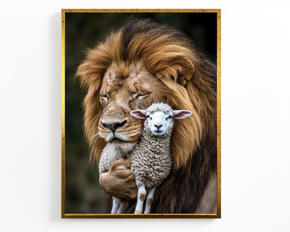 Lion Holding Lamb Gentle Embrace Faith Symbolic Wildlife Portrait Print - Image 4