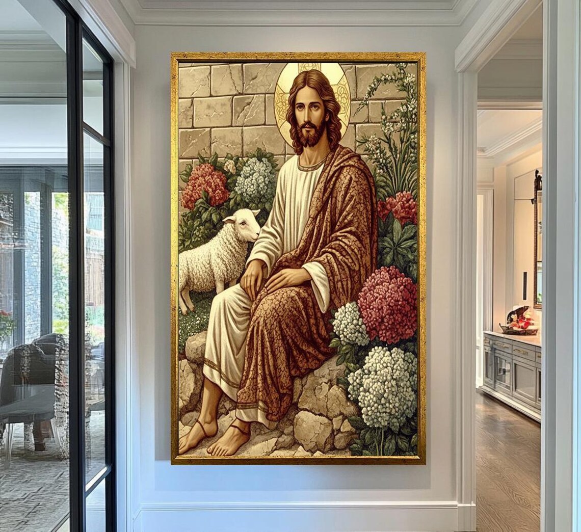 Jesus Christ Seated With Lamb Garden Stone Wall Faith Art Wall Poster