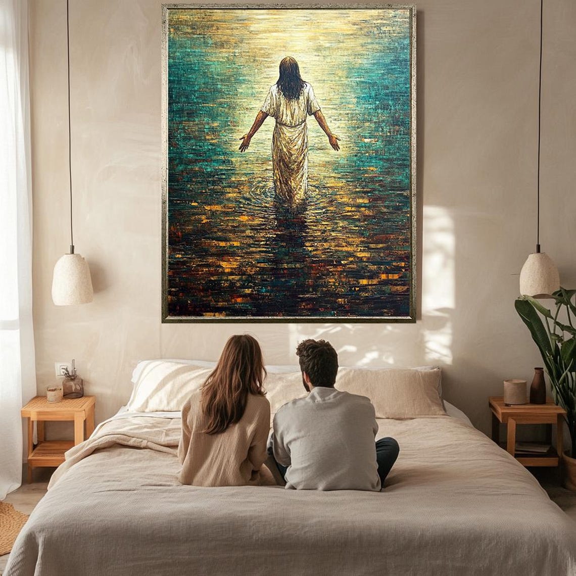 Jesus Walking On Water Teal And Gold Impressionist Lake Scene Poster - Image 2