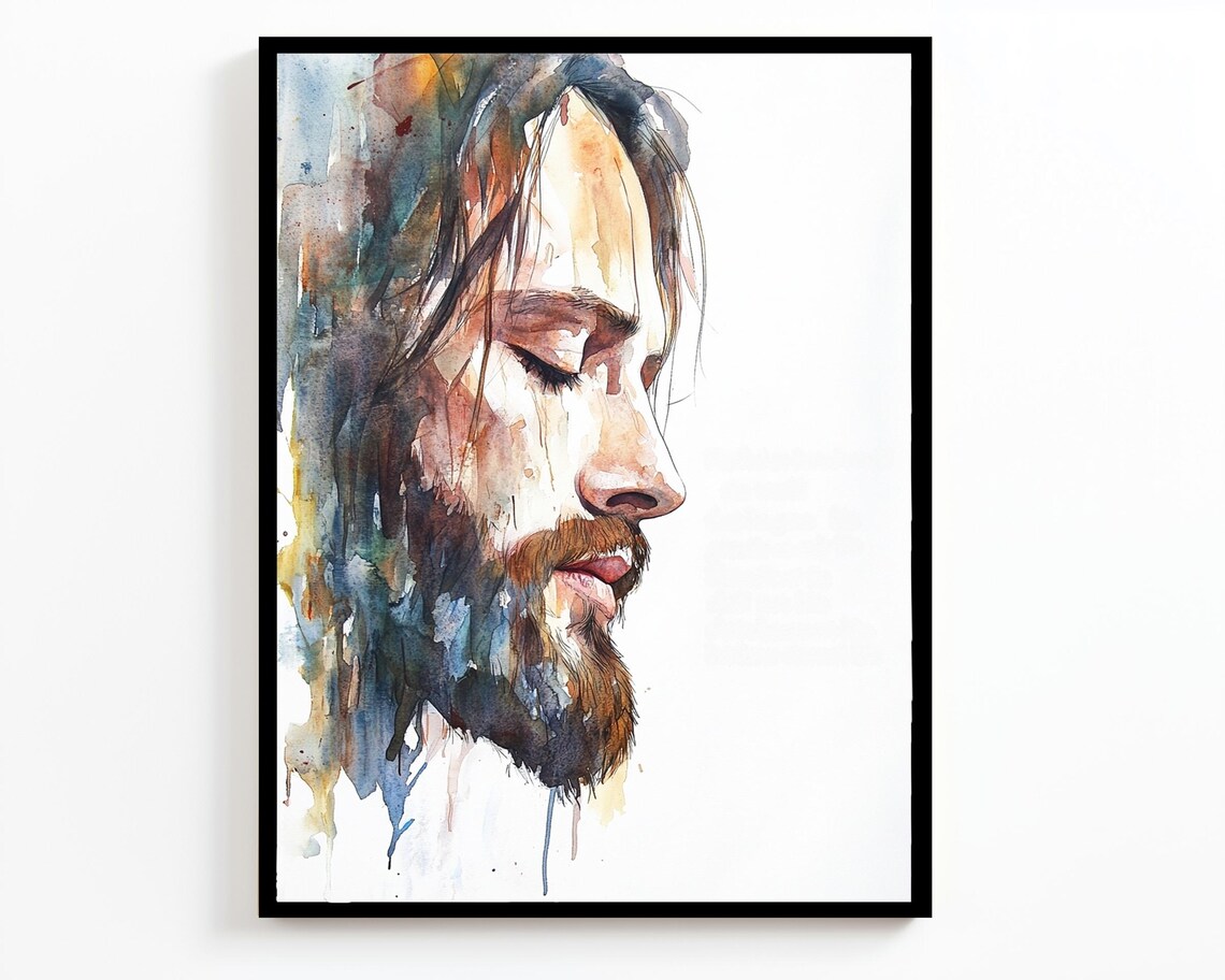 Jesus Christ Peaceful Watercolor Portrait Profile Eyes Closed Art Poster - Image 4
