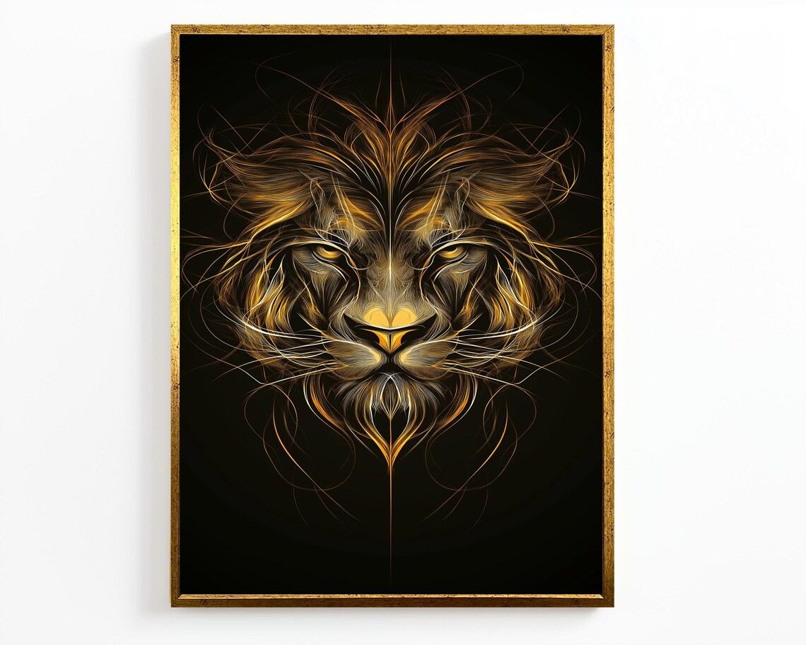 Golden Lion Face Line Art Majestic Wildlife Black Gold Animal Poster - Image 4