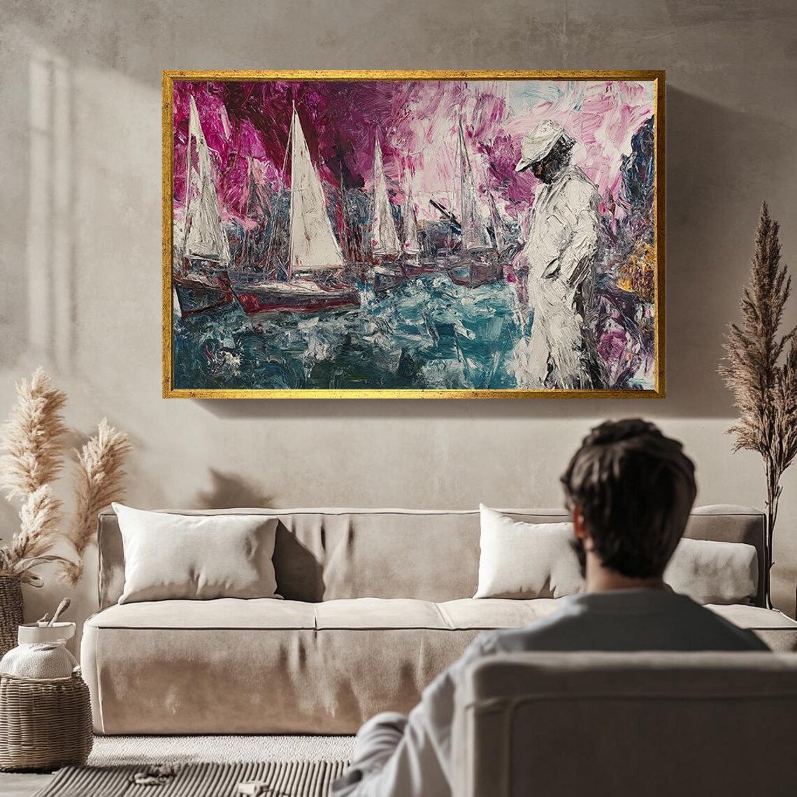 Sailboats And Sailor Figure Pink Teal Impasto Nautical Coastal Poster - Image 3