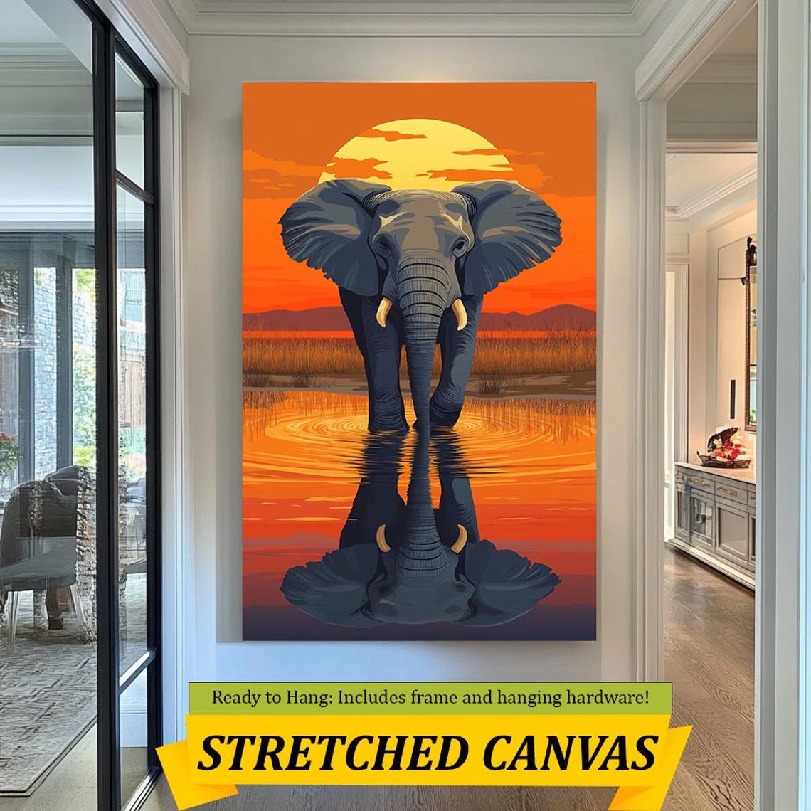 Elephant Sunset Savanna Orange Sun Water Reflection Wildlife Poster - Image 2