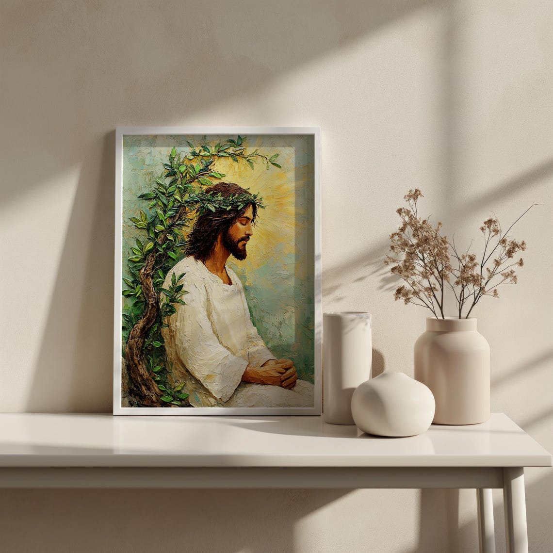 Jesus Praying By Tree Golden Halo Light Peaceful Oil Painting Poster - Image 4