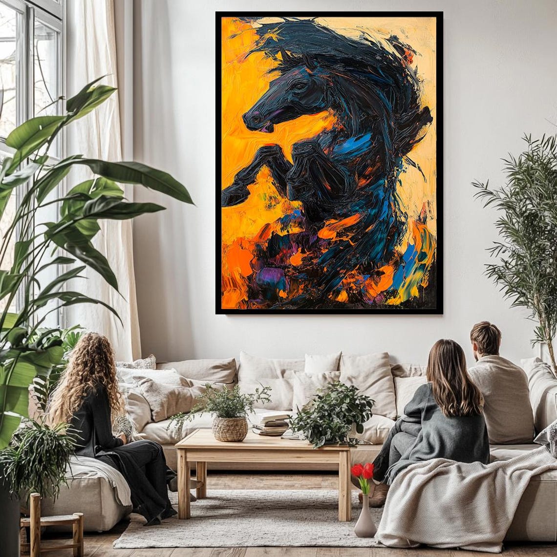 Bold Black Stallion, Vibrant Abstract Decor - Image 3