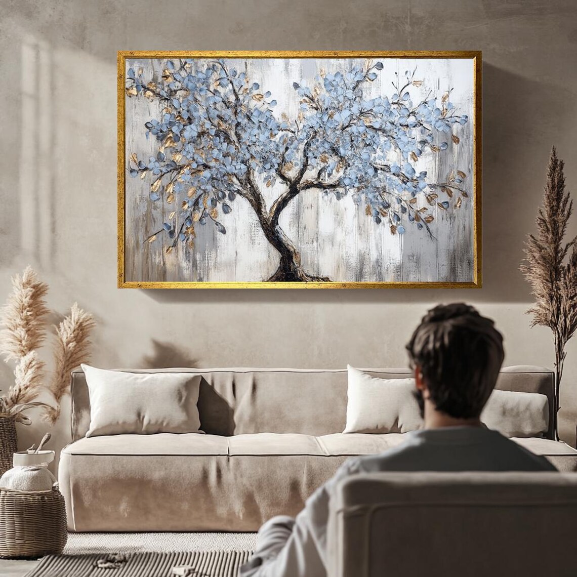 Textured Blue And Gold Tree Painting Modern Palette Knife Art Abstract Wall Decor Elegant Handcrafted Artwork For Home - Image 4