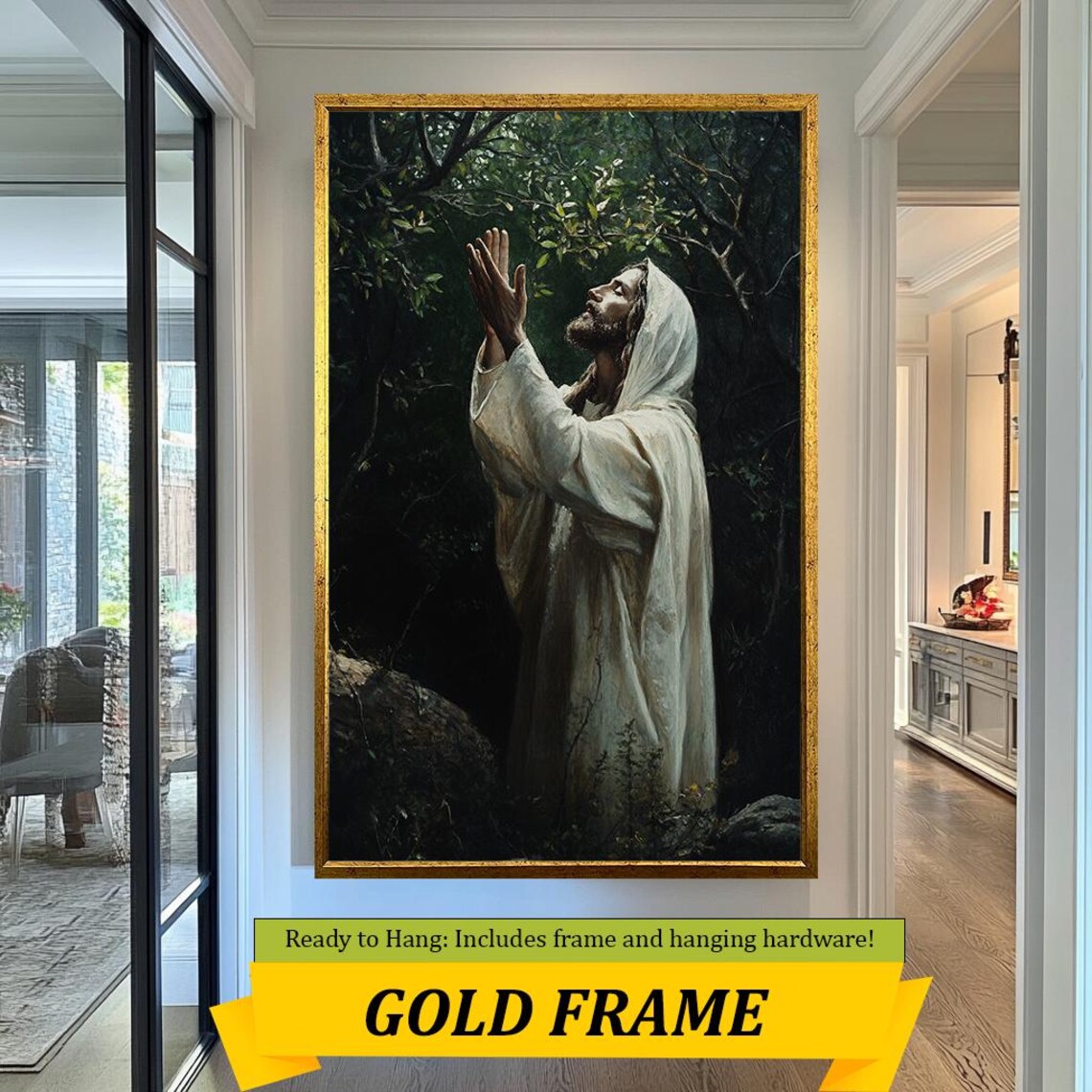 Jesus Praying In Dark Garden Hooded Robe Uplifted Hands Faith Poster - Image 5