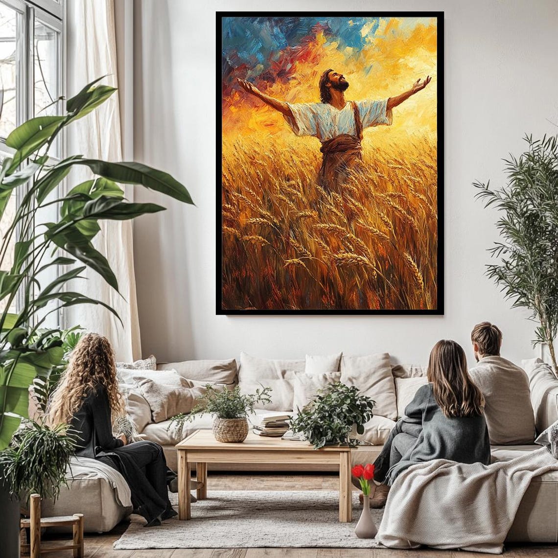 Jesus Arms Raised Golden Wheat Field Harvest Worship Painting Poster - Image 3