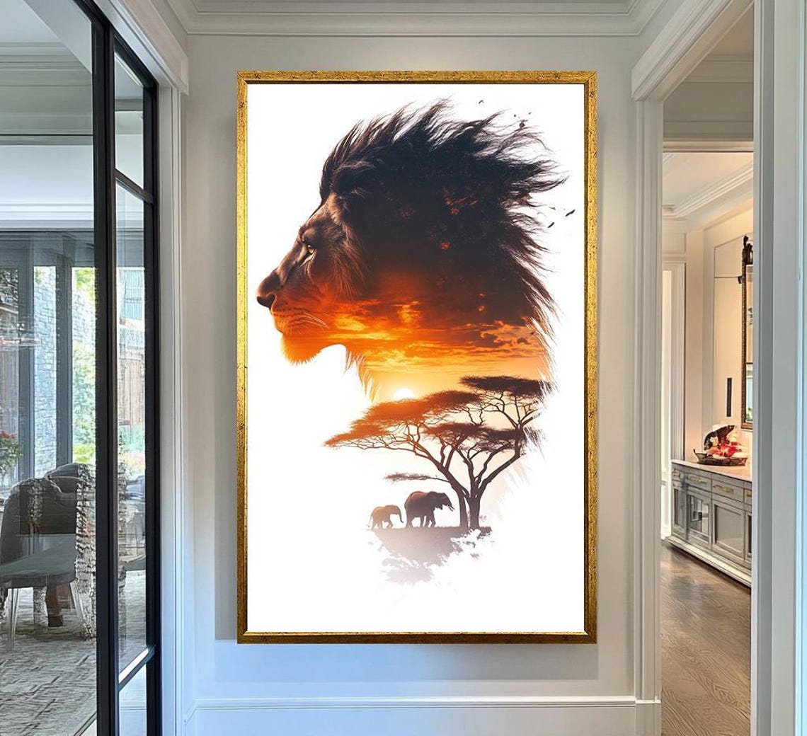 Lion Profile Double Exposure African Savanna Sunset Elephants Wall Art - Image 5