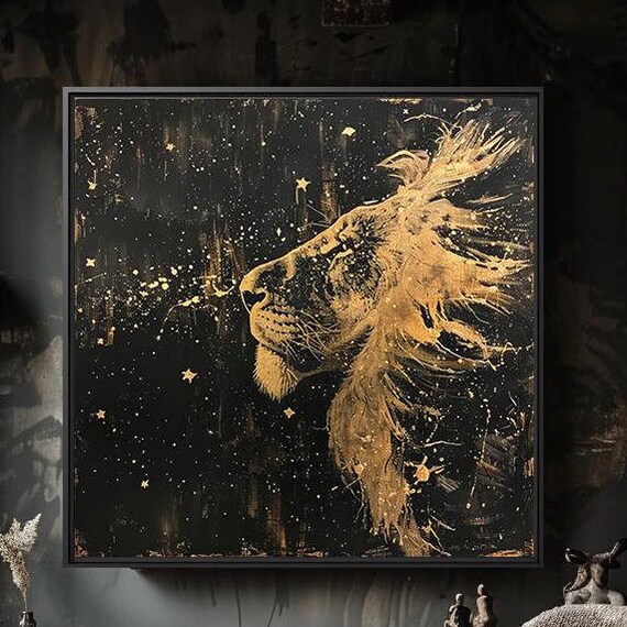 Golden Lion Portrait, Starry Night Animal Art Print